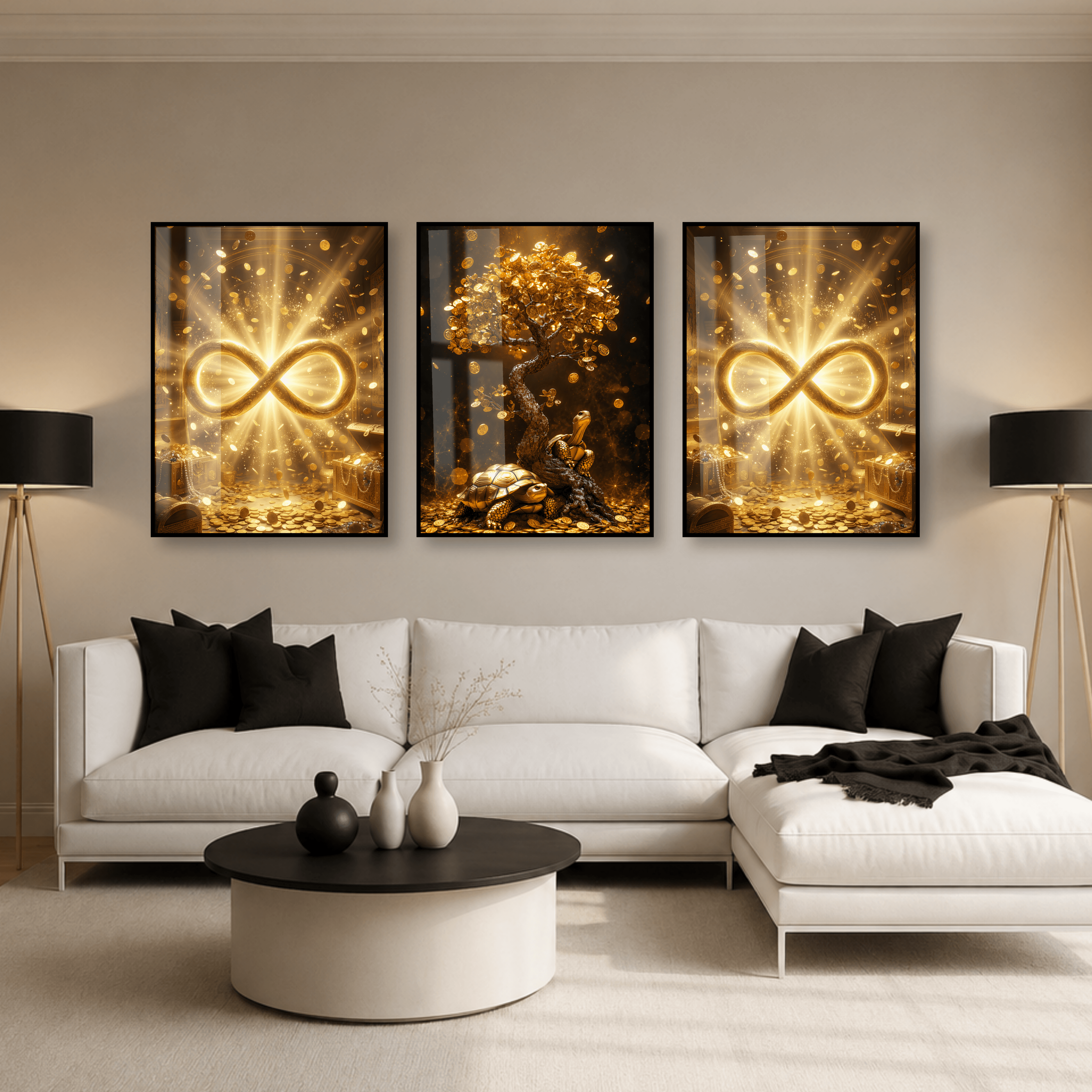 Golden Money Tree Prosperity Triptych